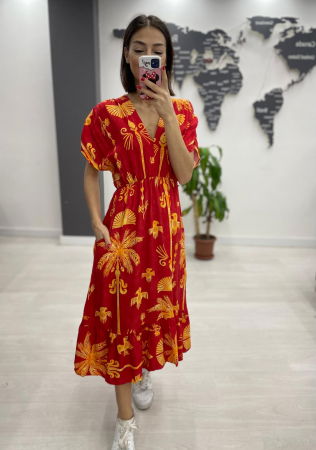 Rochie midi din bumbac, cu elastic in talie si imprimeu galben pe fond bordo Rochii de Vară - Rochie midi din bumbac, cu elastic in talie si imprimeu galben pe fond bordo