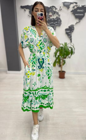 Rochie midi din bumbac, cu elastic in talie si imprimeu verde pe fond alb Rochii de Vară - Rochie midi din bumbac, cu elastic in talie si imprimeu verde pe fond alb