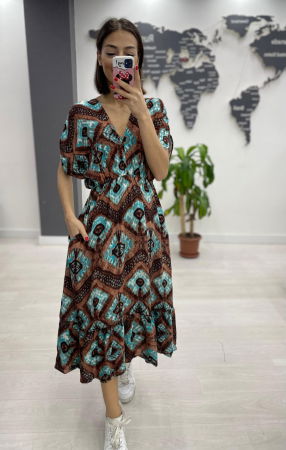 Rochie midi din bumbac, cu elastic in talie si imprimeu turcoaz pe fond maro Rochii de Vară - Rochie midi din bumbac, cu elastic in talie si imprimeu turcoaz pe fond maro