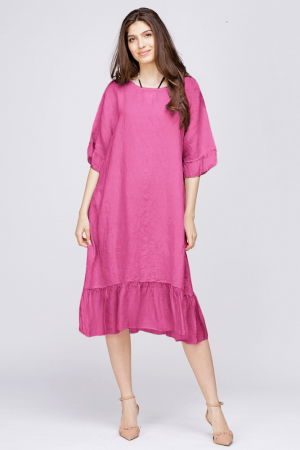 Rochie midi din in fucsia cu volane din matase si funda pe spate Rochii din In - Rochie midi din in fucsia cu volane din matase si funda pe spate