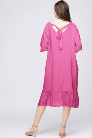 Rochie midi din in fucsia cu volane din matase si funda pe spate [2]