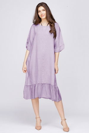 Rochii din In - Rochie midi din in lila cu volane din matase si funda pe spate