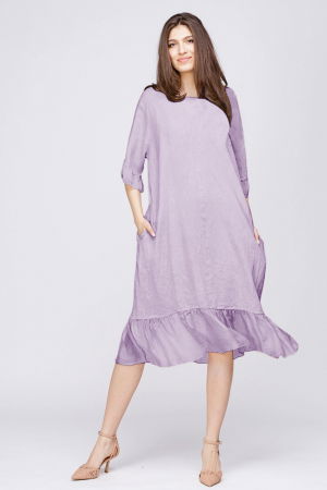 Rochie midi din in lila cu volane din matase si funda pe spate [1]