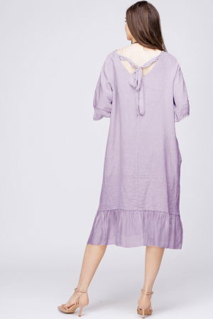 Rochie midi din in lila cu volane din matase si funda pe spate [2]