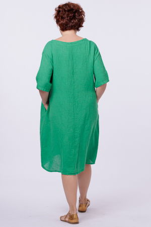 Rochie midi din in cu floare din paiete pe piept, verde [2]