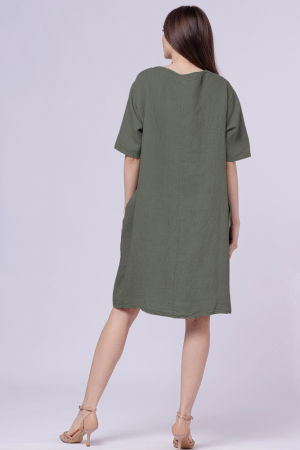 Rochie midi din in cu floare din paiete pe piept, kaki [2]