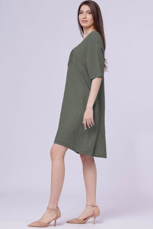 Rochie midi din in cu floare din paiete pe piept, kaki [1]