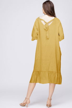 Rochie midi din in galbena cu volane din matase si funda pe spate [2]