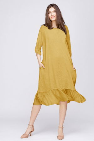 Rochie midi din in galbena cu volane din matase si funda pe spate [1]