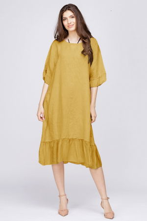 Rochii din In - Rochie midi din in galbena cu volane din matase si funda pe spate