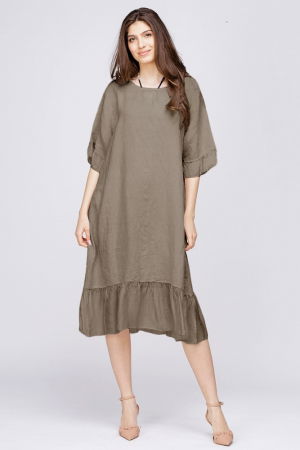 Rochii din In - Rochie midi din in bej fango cu volane din matase si funda pe spate