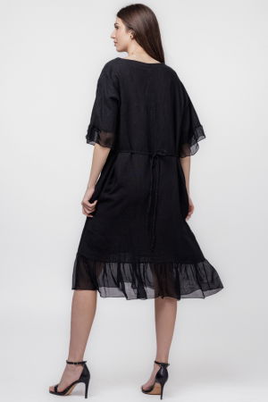 Rochie din in neagra cu volane din matase si snur in talie [3]