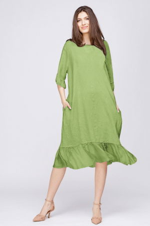 Rochii din In - Rochie midi din in verde olive cu volane din matase si funda pe spate