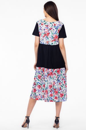 Rochie neagra cu platca si doua volane, imprimeu trandafiri, din bumbac [2]