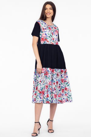 Rochii masuri mari - Rochie neagra cu platca si doua volane, imprimeu trandafiri, din bumbac