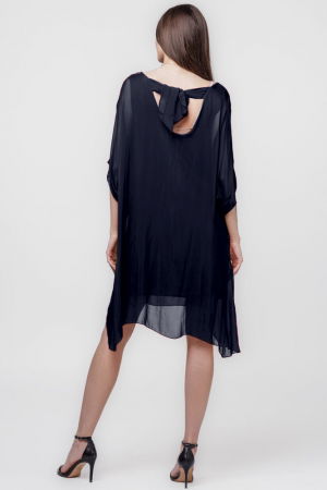 Rochie midi, dreapta, din matase si vascoza, cu funda pe spate, bleumarin [2]