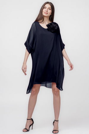 Rochie midi, dreapta, din matase si vascoza, cu funda pe spate, bleumarin [1]