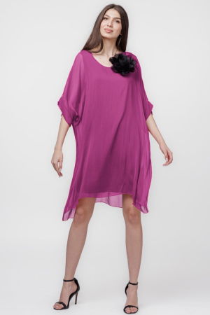 Rochii Elegante & Office - Rochie midi, dreapta, din matase si vascoza, cu funda pe spate, mov zmeura