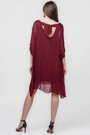 Rochie midi, dreapta, din matase si vascoza, cu funda pe spate, bordo [2]