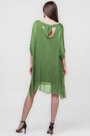 Rochie midi, dreapta, din matase si vascoza, cu funda pe spate, verde oliv [2]