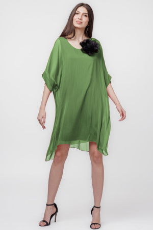 Rochie midi, dreapta, din matase si vascoza, cu funda pe spate, verde oliv [1]