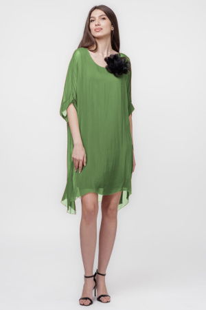 Rochii Elegante & Office - Rochie midi, dreapta, din matase si vascoza, cu funda pe spate, verde oliv