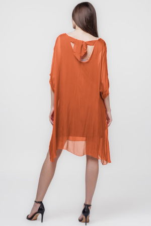 Rochie midi, dreapta, din matase si vascoza, cu funda pe spate, caramizie [2]