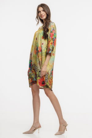 Rochie midi, dreapta, din vascoza fina, cu imprimeu pictural predominant galben [2]