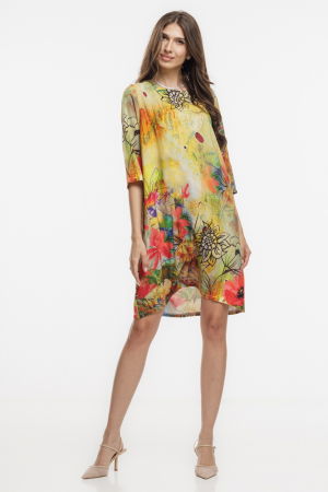 Rochii din Vâscoză - Rochie midi, dreapta, din vascoza fina, cu imprimeu pictural predominant galben