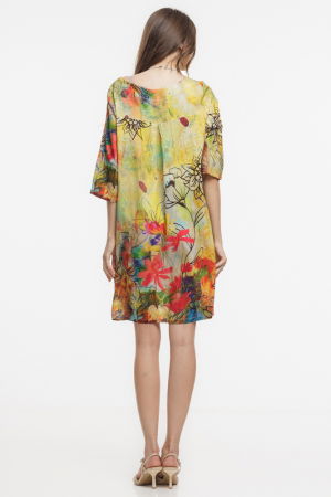 Rochie midi, dreapta, din vascoza fina, cu imprimeu pictural predominant galben [3]