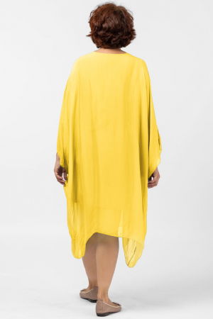 Rochie midi galbena, ampla, din matase si vascoza, cu detaliu sub bust, in colturi [2]