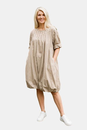 Rochii din Bumbac - Rochie midi gogosar cu dantela, din poplin de bumbac, bej