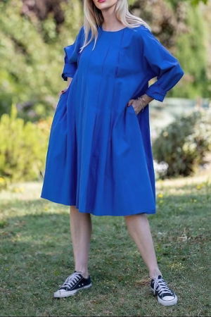 Rochii din Bumbac - Rochie midi albastra cu pliuri in fata si spate, din poplin de bumbac