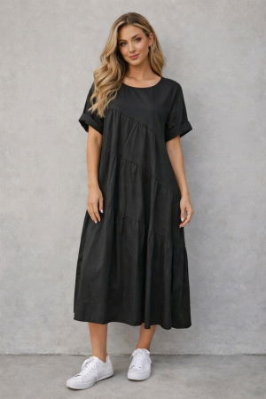 NOU IN SHOPIKA - Rochie midi oversized din poplin de bumbac – stil lejer natural, neagra