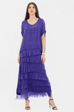 Rochie mov din matase si vascoza cu  volane franjurate suprapuse [1]