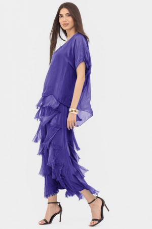 Rochie mov din matase si vascoza cu  volane franjurate suprapuse