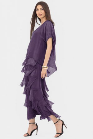 Rochii Elegante & Office - Rochie mov inchis din matase si vascoza cu  volane franjurate suprapuse
