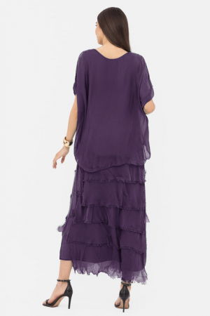 Rochie mov inchis din matase si vascoza cu  volane franjurate suprapuse [2]