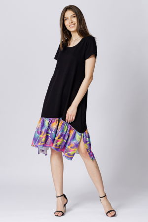 Rochie neagra cu volan in colturi si imprimeu fond mov [1]