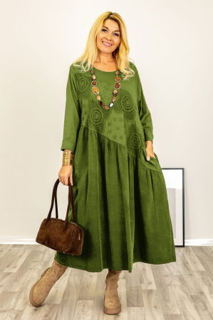 Rochii Casual - Rochie verde oliv cu taietura oblica si broderie, din catifea reiata si jerseu, oversize