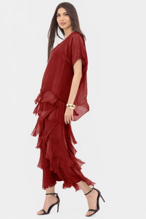 Rochii Elegante & Office - Rochie bordo din matase si vascoza cu  volane franjurate suprapuse