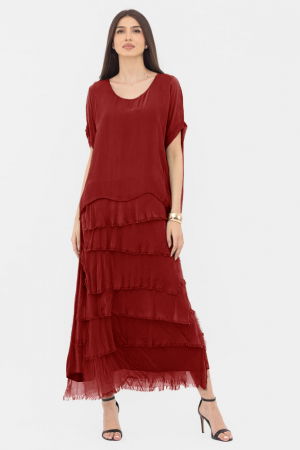 Rochie bordo din matase si vascoza cu  volane franjurate suprapuse [1]