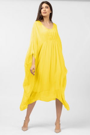Rochii Elegante & Office - Rochie galben intens in colturi, lunga, ampla, din matase si vascoza, cu detaliu sub bust