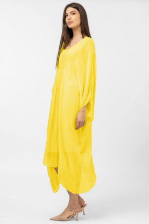 Rochie galben intens in colturi, lunga, ampla, din matase si vascoza, cu detaliu sub bust [1]