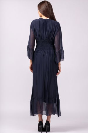Rochie bleumarin din matase si vascoza cu banda elastica in talie si volane [4]