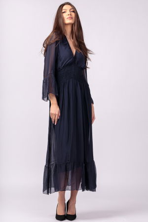 Rochie bleumarin din matase si vascoza cu banda elastica in talie si volane [2]