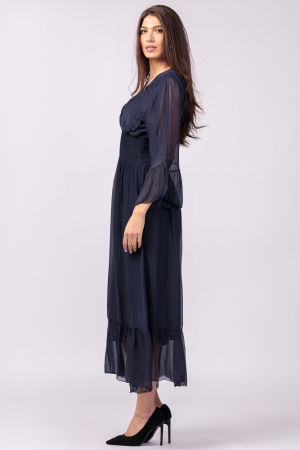 Rochie bleumarin din matase si vascoza cu banda elastica in talie si volane [3]