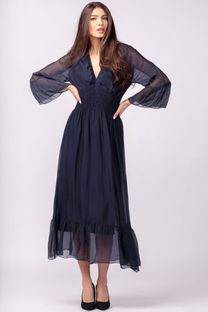 Rochie bleumarin din matase si vascoza cu banda elastica in talie si volane