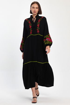 Rochii - Rochie neagra cu broderie traditionala pe piept si maneci, din vascoza