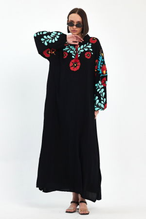 Rochii - Rochie neagra A-line cu imprimeu cauciucat flori rosii , din vascoza